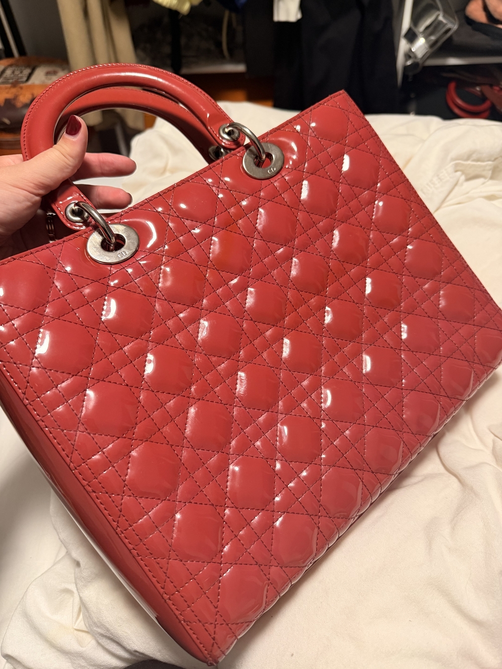 Dior Quilted Patent Leather Top-Handle Satchel in Red